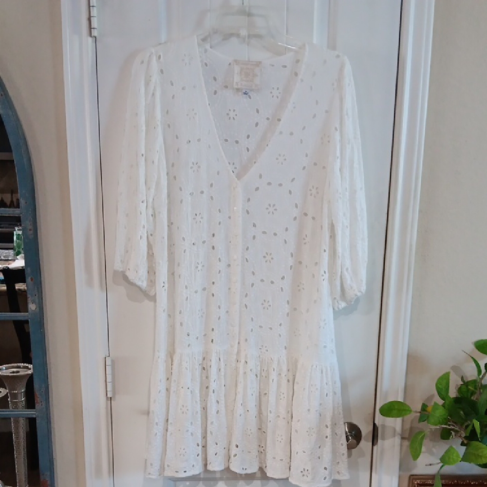 Johnny Was JADE White V-Neck 3/4 Bishop Sleeve Dress Button Front Eyelet BOHO